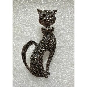 Sterling Silver & Marcasite Cat Pin Mid Century Modern Style